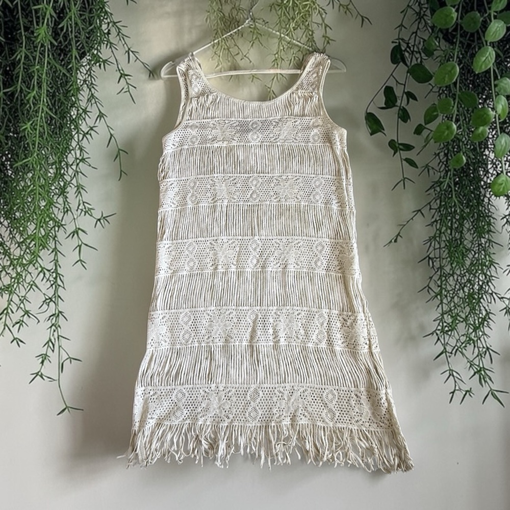 American Eagle Outfitters Cream Crochet Fringe Tank Dress